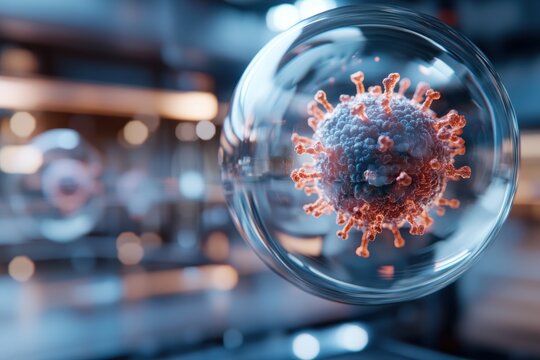 A highly detailed, realistic depiction of a virus in a laboratory setting, showcasing the importance of scientific research and health innovations in combating diseases.