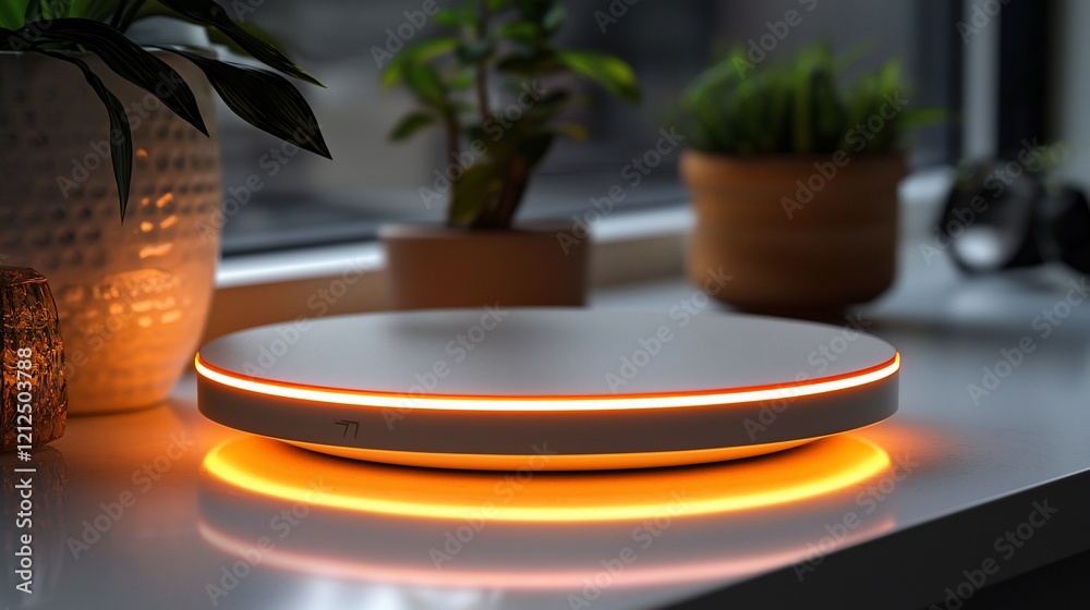 Poster Modern smart home device with ambient lighting on a table.