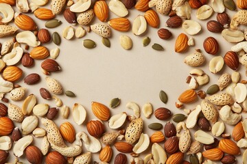 Obraz premium Colorful assortment of nuts arranged in circular frame on light