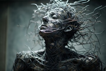 3d render of a futuristic woman covered and strangled by metallic wires, expressing suffocation and captivity