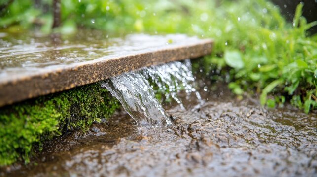 Rainwater Flowing from Curbside Drainage Urban Landscape Nature Wet Environment Close-Up View Water Management Concept