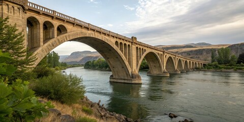 Fototapeta premium Arched stone bridge spanning Columbia River, columbia river, serene landscapes, rural bridges, water flow, peaceful scenery