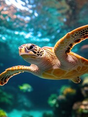 Obraz premium Graceful sea turtle gliding underwater in vibrant ocean.