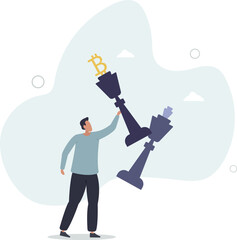 Winning Bitcoin trading strategy, make profit from crypto currency or decentralized finance defeat traditional banking concept.flat characters.