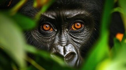 Obraz premium Intense gaze of a gorilla amidst lush greenery close-up.