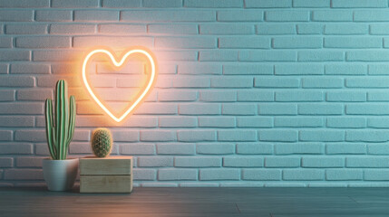 glowing heart neon sign illuminates modern room with cacti