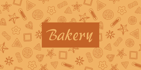 Background with contour images of pastries, cookies, cakes, and a stylish Bakery inscription.
