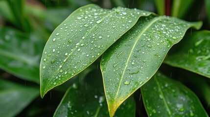 Fototapeta premium Refreshing Rain Drops on Lush Green Leaves Tropical Garden Nature Vibrant Setting Close-Up Botanical Beauty