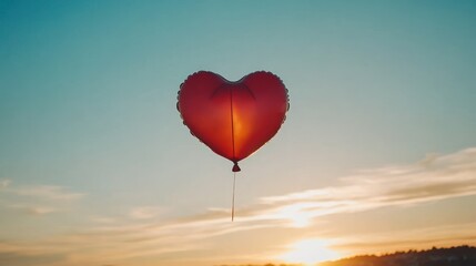 Fototapeta premium Red heart-shaped balloon floats in sunset sky.