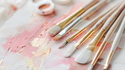 Obraz premium A flat lay of watercolor paper with soft blush pink, cream, and gold abstract patterns, paintbrushes, and palette knives on the side.