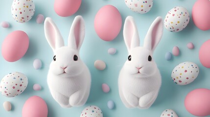 Obraz premium Cute Pastel Bunnies and Easter Eggs Seamless Spring Themed Pattern 3D