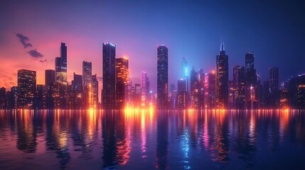 Fototapeta premium Vibrant cityscape skyline reflected in calm water at sunset.