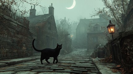 Black cat crossing a quiet street at night under a full moon, evoking themes of superstition and mystery. A concept often associated with bad luck and folklore.