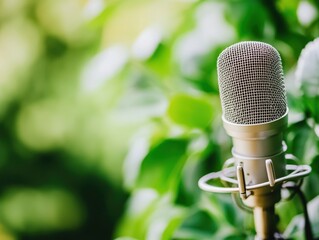 A close-up of a vintage microphone set against a blurred green background, suggesting a connection to music or recording in a natural setting.