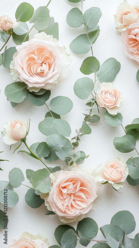 Poster soft pastel roses in shades of peach and white interlace with vibrant eucalyptus leaves, creating an