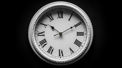 A white clock with Roman numerals sits on a dark surface