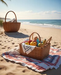 Beachside picnic setup with a blanket and basket on the sandy shore, food, leisure