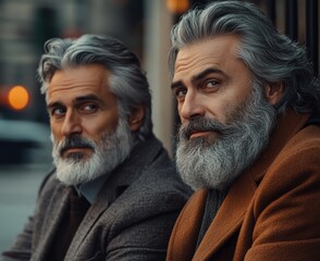 Fototapeta premium Two well dressed elderly men, sporting well groomed beards and vintage attire, convey timeless charm, exuding class and confidence in their poised expressions.