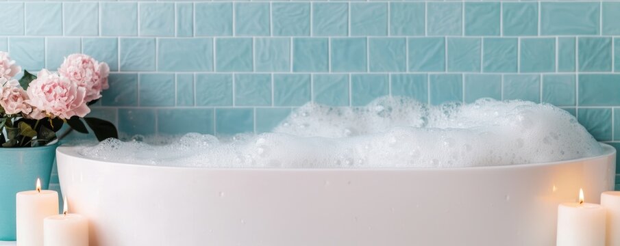 A serene bathroom scene with a luxurious bathtub filled with bubbles, candles, and flowers, symbolizing self-care and relaxation