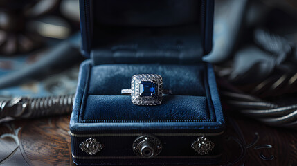 blue sapphire ring in an open box, with intricate silver filigree on the band and set within a square emerald-cut stone