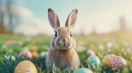 Charming Rabbit and Easter Eggs in Lush Spring Meadow