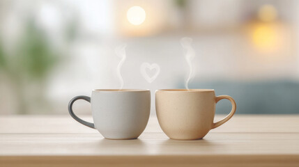 Warm minimalist coffee cups with steam, symbolizing comfort and connection