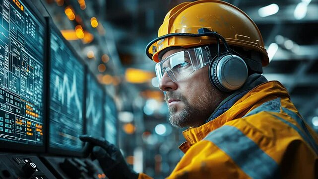 In a factory setting, an operator carefully monitors a control panel brimming with data while wearing protective gear. The operator focuses on the readings and adjusts controls as needed.
