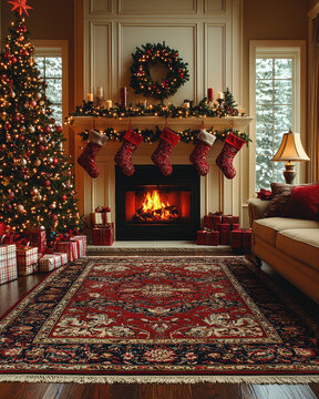 A cozy Christmas living room with twinkling fairy lights, stockings, and a warm fireplace