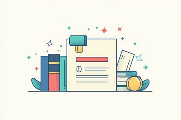Illustrative Composition Featuring Colorful Books and Documents with Sparkling Accents in a Minimalist Cartoon Style