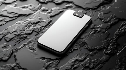 A sleek, silver-backed smartphone with a camera bump, resting on dark, textured background