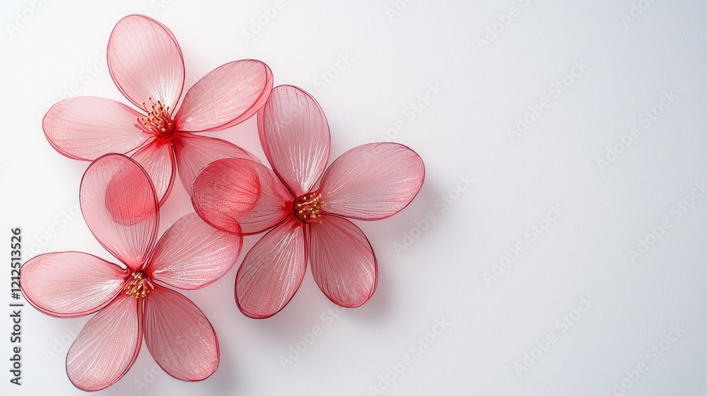 Poster vibrant flowers with translucent petals rest gracefully on a clear surface, showcasing layers of col