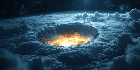 Fototapeta premium A glowing crater shrouded in mist and surrounded by stars. Perfect for fantasy book covers, mystical designs, and space art enthusiasts.