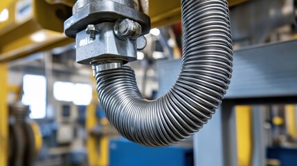 Metal-coiled flexible hose in petrochemical setting, durable fastenings in close-up.
