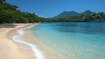 Secluded tropical beach with clear turquoise water and lush green mountains.