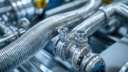 Fototapeta premium Petrochemical flexible hoses, metal coils with secure valves and clamps in detailed view.