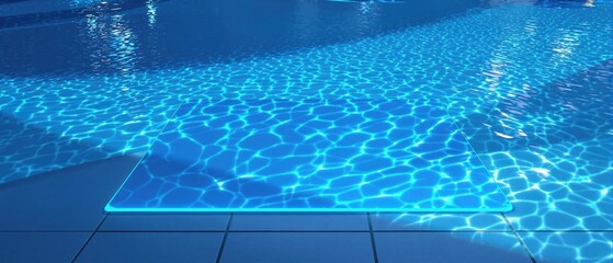 Blue floor mat creating reflections on wave pool water surface, abstract, stripes