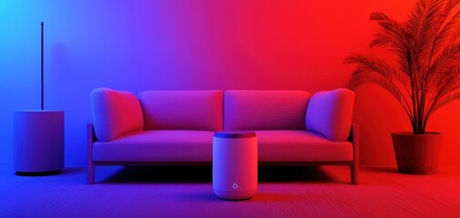 Obraz premium A dynamic shot of a smart home assistant controlling the lights, temperature, and music in a cozy living room