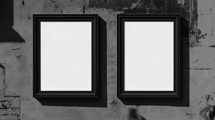 Fototapeta premium Two Black Frames with Blank White Paper Against a Grungy Wall for Versatile Design and Art Presentation Opportunities