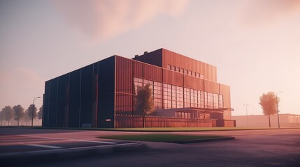 Industrial Dawn: A modern brick building stands tall against a backdrop of vibrant sunrise, promising a day filled with opportunity and growth.