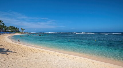 Fototapeta premium Serene Tropical Beach Paradise: Azure Waters, Golden Sands, and Palm Trees
