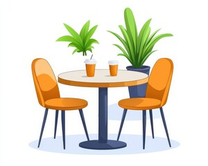 Cozy Coffee Shop Table and Chairs with Plants in Bright Atmosphere