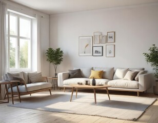 Bright living room with minimalist design and Scandinavian furniture, furniture, design