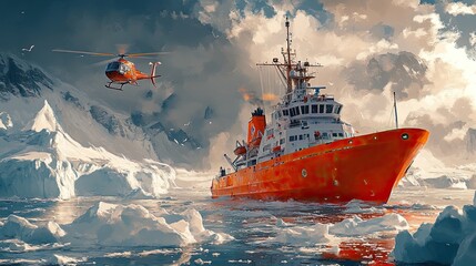 Brightly painted rescue ship maneuvers through floating ice while a helicopter hovers above showcasing the beauty of the Arctic wilderness