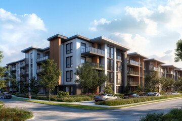 Contemporary apartment complex with balconies and green spaces, representing urban living