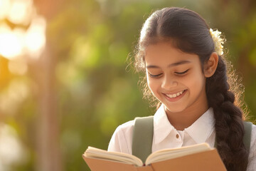 Fototapeta premium happy indian school girl reading text book