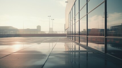 Obraz premium Sunrise Reflections on Modern Architecture: A sleek modern building with expansive glass facade reflects the sunrise, creating a stunning interplay of light and shadow on the wet pavement.