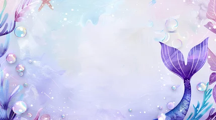 empty rectangular frame for a mermaid birthday party invitation, with pastel purple and blue tones and small bubbles.