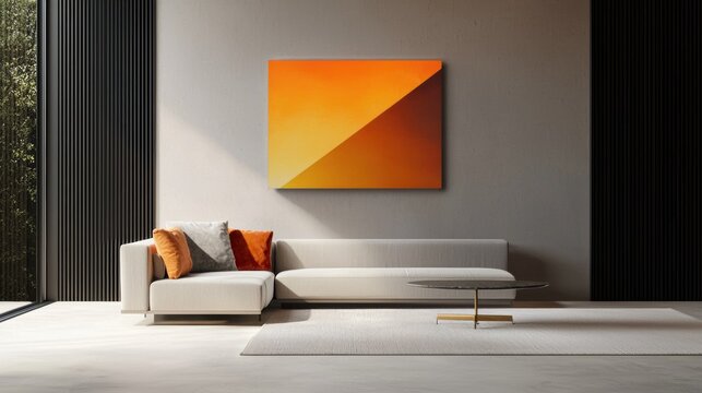 A living room with a white couch and a painting on the wall