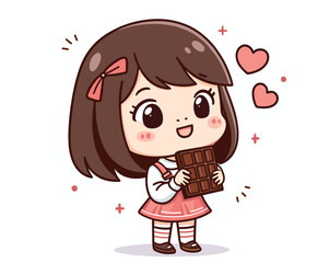  Happy girl holding  Delicious Chocolate Bar.