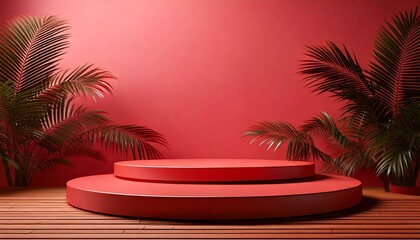 Obraz premium Abstract Red Pink blank display products with tropic background, 3d